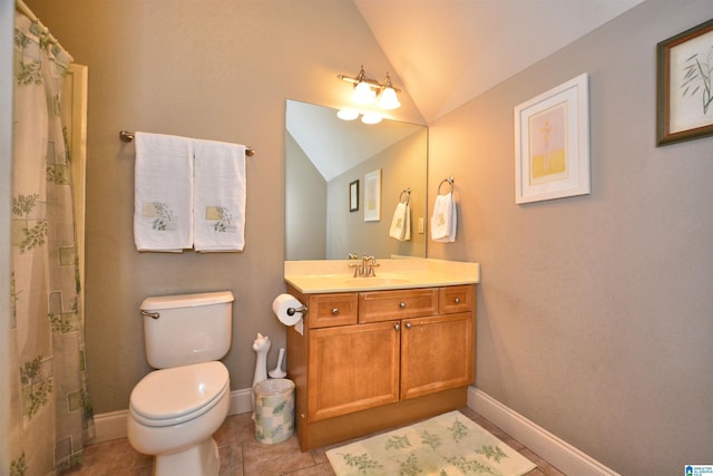 1103 Greystone Cove Dr, Hoover, AL 35242 - bathroom with vanity, tile patterned flooring, toilet, baseboards, and vaulted ceiling