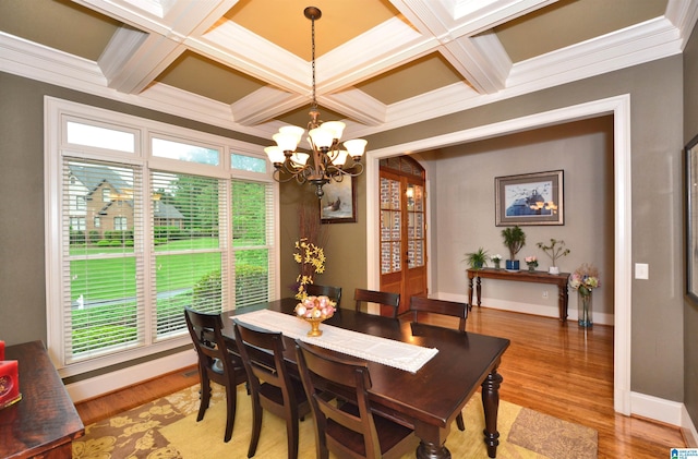 1103 Greystone Cove Dr, Hoover, AL 35242 - dining space featuring crown molding, baseboards, light wood finished floors, an inviting chandelier, and coffered ceiling