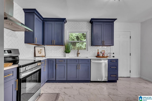 917 Forrest Dr S, Homewood, AL 35209 - kitchen featuring wall chimney range hood, light countertops, a sink, marble finish floor, and stainless steel appliances