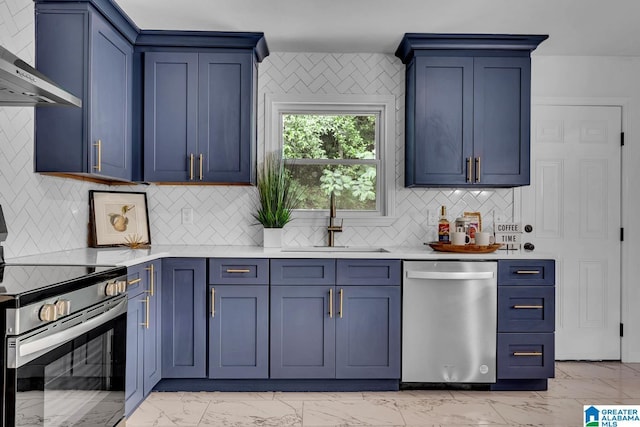 917 Forrest Dr S, Homewood, AL 35209 - kitchen featuring a sink, marble finish floor, wall chimney range hood, and stainless steel appliances