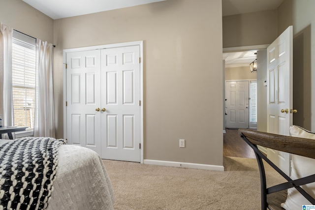 bedroom featuring multiple windows, carpet, and a closet