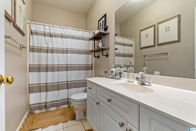 full bathroom featuring toilet, a shower with shower curtain, tile patterned flooring, and vanity