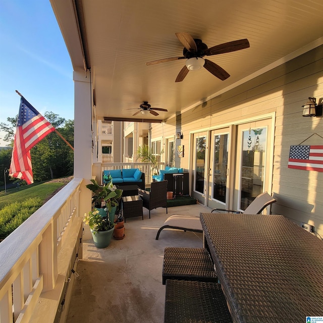 475 River Forest Ln Unit 1250, Talladega, AL 35160 - view of patio featuring an outdoor hangout area, a ceiling fan, french doors, and a balcony