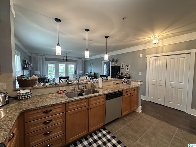 475 River Forest Ln Unit 1250, Talladega, AL 35160 - kitchen featuring brown cabinets, a sink, stone countertops, a peninsula, and stainless steel dishwasher