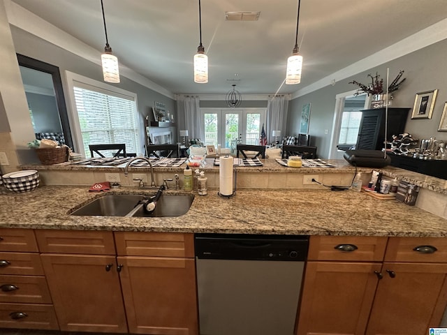 475 River Forest Ln Unit 1250, Talladega, AL 35160 - kitchen featuring a sink, light stone counters, hanging light fixtures, and stainless steel dishwasher