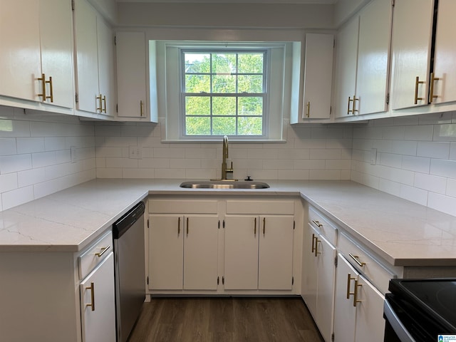 kitchen featuring dark wood-style flooring, a sink, light countertops, tasteful backsplash, and stainless steel dishwasher