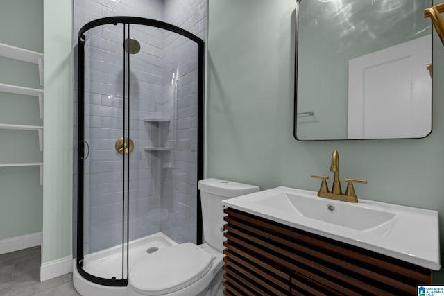 829 1st St SW, Birmingham, AL 35211 - bathroom with a stall shower, toilet, vanity, and baseboards