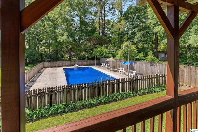 view of swimming pool featuring a fenced in pool, a fenced backyard, and a patio area