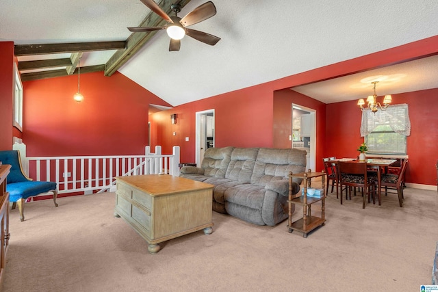 carpeted living area with lofted ceiling with beams, a textured ceiling, and ceiling fan with notable chandelier