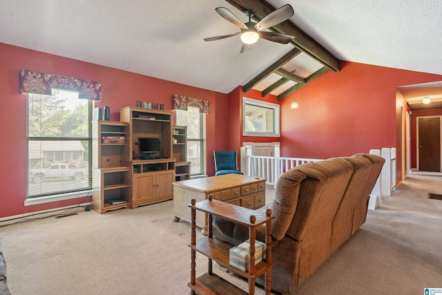 living room with a ceiling fan, a textured ceiling, light colored carpet, and lofted ceiling with beams