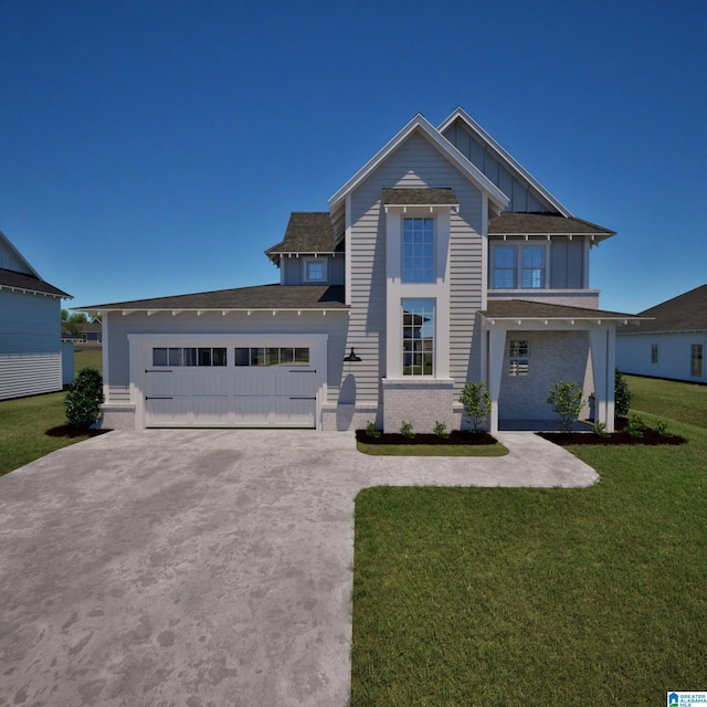 view of front of home with a shingled roof, an attached garage, a front lawn, board and batten siding, and driveway