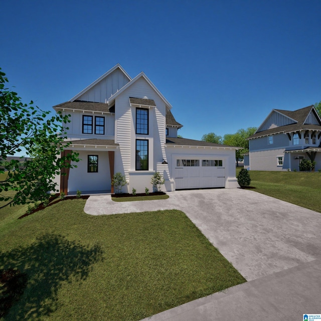 view of front of house with board and batten siding, driveway, and a front lawn