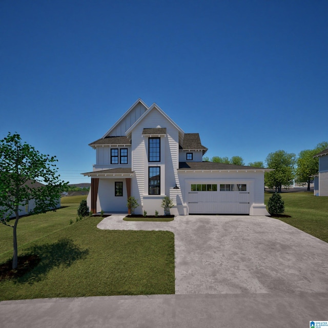 view of front facade featuring board and batten siding, concrete driveway, and a front yard