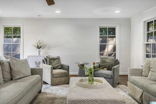 1856 Southwood Rd, Vestavia Hills, AL 35216 - living area featuring crown molding, recessed lighting, ceiling fan, and wood finished floors