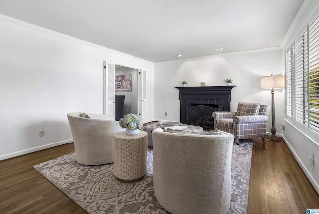 1856 Southwood Rd, Vestavia Hills, AL 35216 - living area featuring crown molding, a brick fireplace, and dark wood-style floors