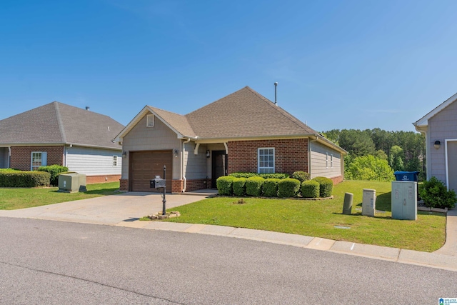 single story home featuring an attached garage, a front yard, driveway, and brick siding