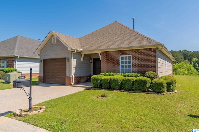 ranch-style home featuring a shingled roof, brick siding, a garage, a front yard, and concrete driveway