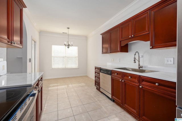 kitchen featuring a sink, dishwasher, a chandelier, and reddish brown cabinets