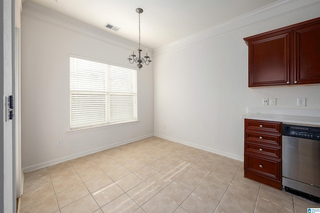 unfurnished dining area featuring an inviting chandelier, baseboards, light tile patterned floors, visible vents, and ornamental molding