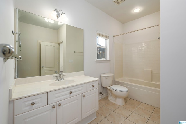 full bath with tile patterned flooring, visible vents, vanity, bathing tub / shower combination, and toilet