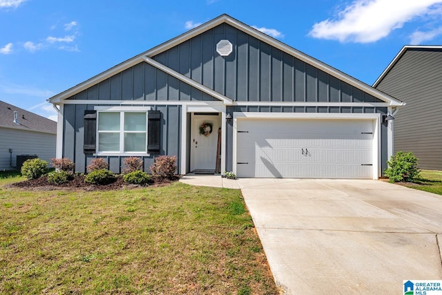 craftsman house featuring an attached garage, board and batten siding, a front yard, and concrete driveway