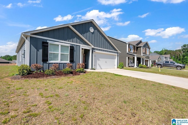 view of front facade with an attached garage, board and batten siding, driveway, and a front yard
