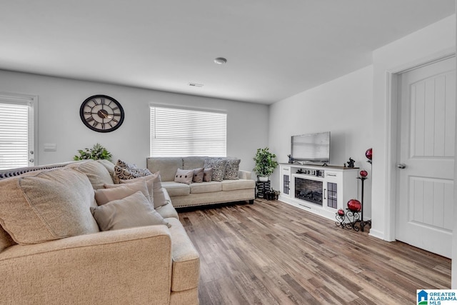 living room with visible vents, wood finished floors, a healthy amount of sunlight, and a fireplace