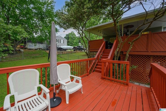 wooden terrace with a fenced backyard, stairs, and a lawn