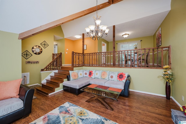 living area with wood finished floors, stairway, baseboards, lofted ceiling with beams, and a notable chandelier