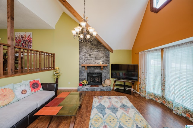 living room featuring wood finished floors, a chandelier, and a healthy amount of sunlight