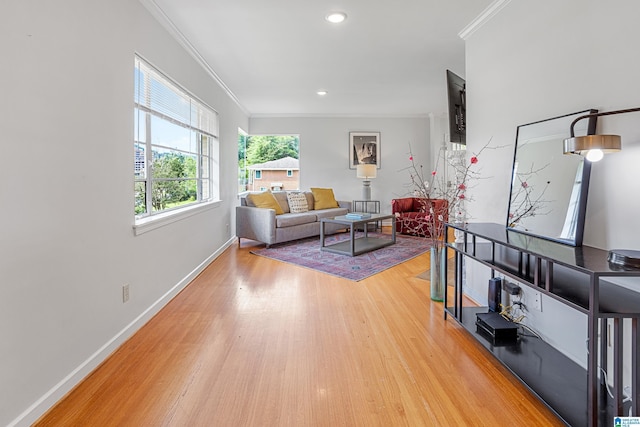 708 Devon Dr, Birmingham, AL 35209 - living room featuring ornamental molding, wood finished floors, baseboards, and recessed lighting