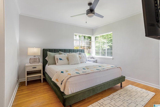 708 Devon Dr, Birmingham, AL 35209 - bedroom with ornamental molding, light wood-type flooring, baseboards, and ceiling fan