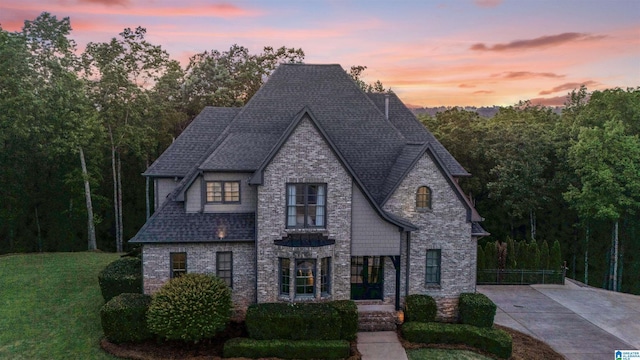 french country home featuring a lawn, stone siding, concrete driveway, and roof with shingles