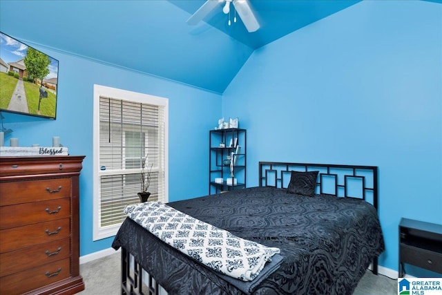 bedroom with baseboards, ceiling fan, carpet, and lofted ceiling