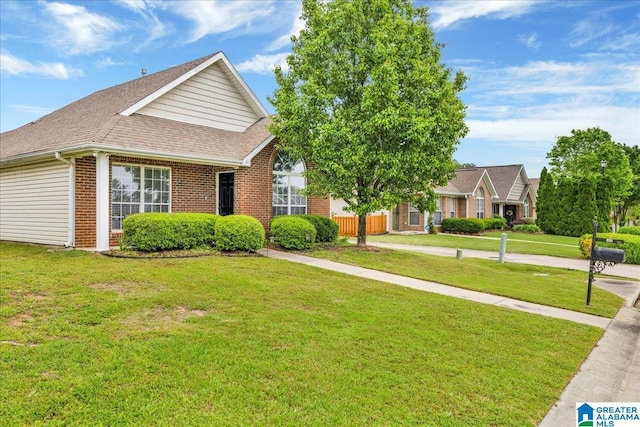 view of front of property featuring roof with shingles, fence, a front yard, and brick siding