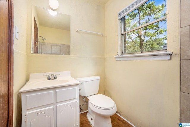 bathroom featuring vanity, wood finished floors, and toilet