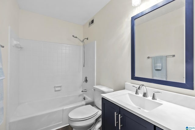 full bathroom featuring vanity, toilet, shower / tub combination, and visible vents