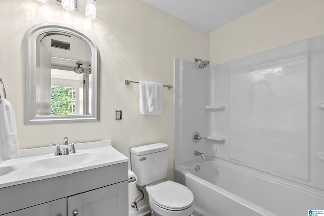 full bath with vanity, toilet, shower / tub combination, and visible vents