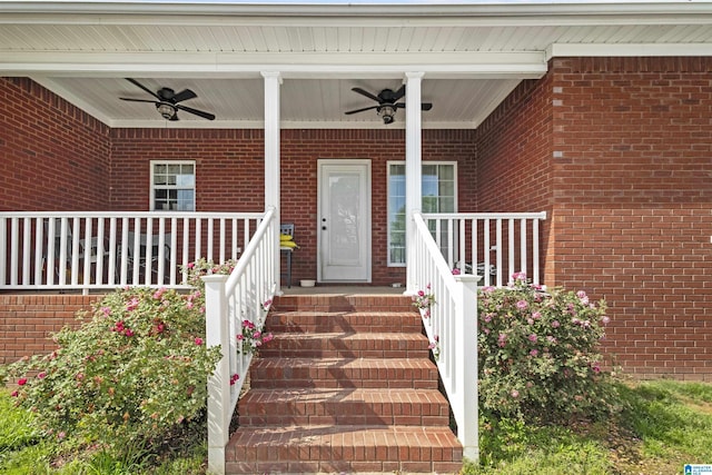1018 Sheraton Rd SW, Cullman, AL 35055 - view of exterior entry with brick siding, a ceiling fan, and covered porch