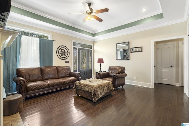 1018 Sheraton Rd SW, Cullman, AL 35055 - living room featuring crown molding, baseboards, a ceiling fan, and dark wood-style floors