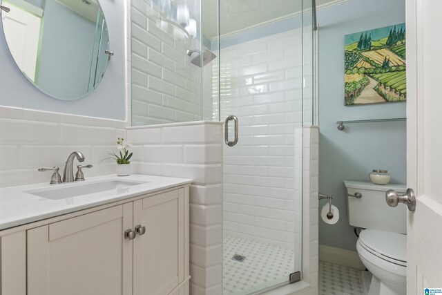 204 Fairmont Dr, Mountain Brook, AL 35213 - bathroom with vanity, a stall shower, and toilet