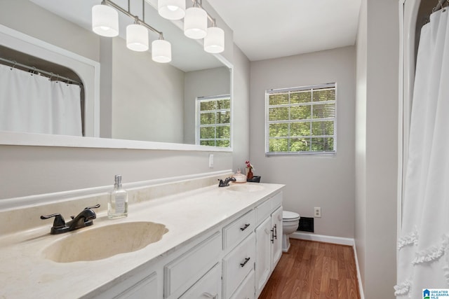 full bath featuring double vanity, toilet, a sink, and wood finished floors