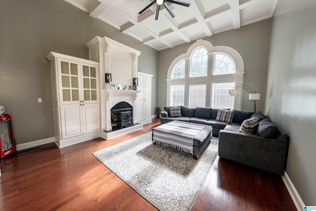 166 Hickory Ridge Dr, Glencoe, AL 35905 - living room with ceiling fan, a towering ceiling, coffered ceiling, hardwood / wood-style flooring, and beamed ceiling