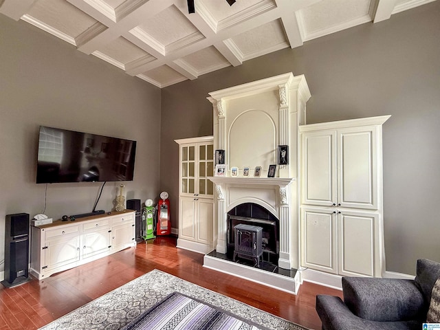 166 Hickory Ridge Dr, Glencoe, AL 35905 - living area featuring coffered ceiling, dark wood-style floors, beamed ceiling, baseboards, and a wood stove