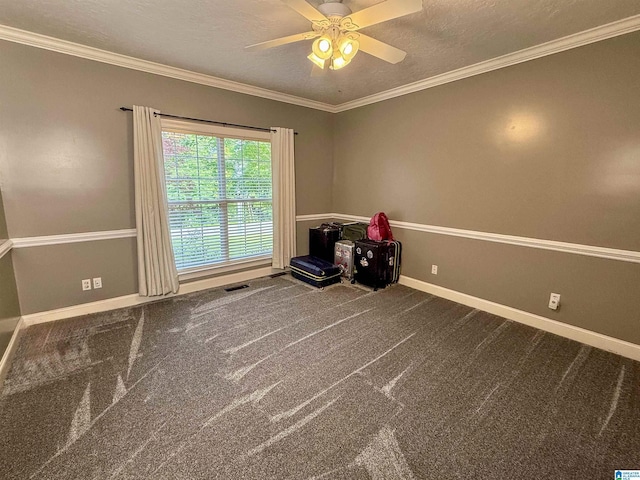 166 Hickory Ridge Dr, Glencoe, AL 35905 - spare room with a ceiling fan, baseboards, ornamental molding, carpet floors, and a textured ceiling