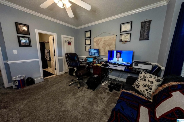 166 Hickory Ridge Dr, Glencoe, AL 35905 - home office featuring crown molding, carpet flooring, ceiling fan, and a textured ceiling