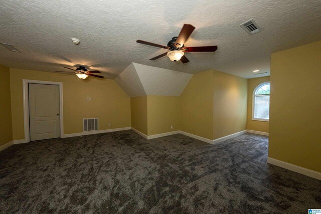 166 Hickory Ridge Dr, Glencoe, AL 35905 - additional living space featuring a ceiling fan, carpet floors, a textured ceiling, baseboards, and lofted ceiling