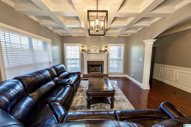 166 Hickory Ridge Dr, Glencoe, AL 35905 - living room with decorative columns, a chandelier, dark wood finished floors, beamed ceiling, and coffered ceiling