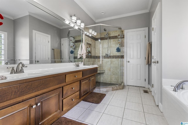 full bath with a sink, tile patterned flooring, a shower stall, and double vanity