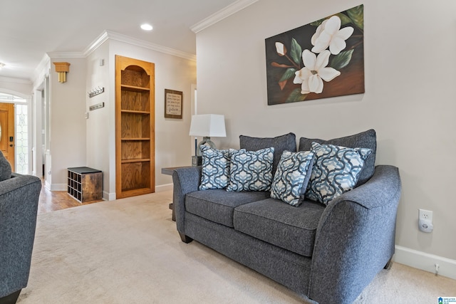 living area featuring crown molding, recessed lighting, baseboards, and carpet floors